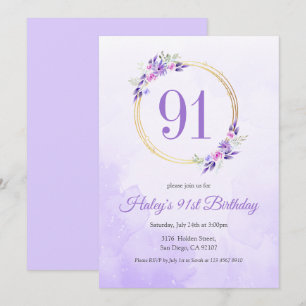 Pastel Lila Floral Golden Kranz 91. Geburtstag Einladung
