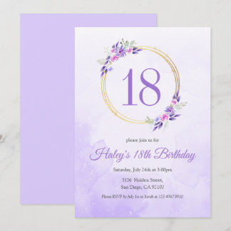 Pastel Lila Floral Goldener Kranz 18. Geburtstag Einladung