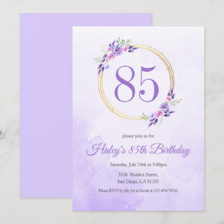 Pastel Lila Floral Goldener Kranz 85. Geburtstag Einladung