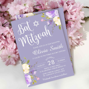 Pastel Lila Floral White Script Bat Mitzvah Einladung