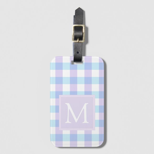 Pastel Lila Gingham Monogram Gepäckanhänger (Vorderseite Vertikal)