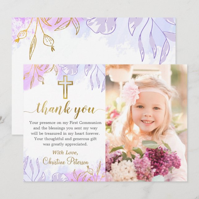 Pastel Lila Gold Floral Erstes Kommune Foto Dankeskarte (Vorne/Hinten)