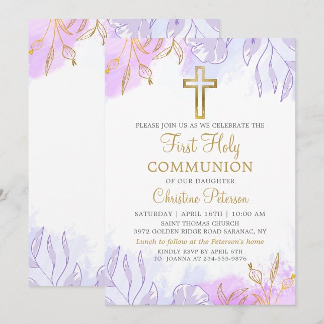 Pastel Lila Gold Floral First Heilige Kommune Einladung (Vorne/Hinten)