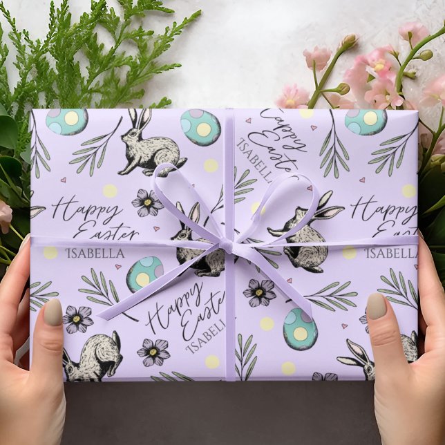 Pastel Lila Happy Oaster Bunnies Geschenkpapier (Pastel Purple Happy Easter Wrapping Paper for Kids with Custom Name, Easter Bunnies, Eggs & Flowers.)