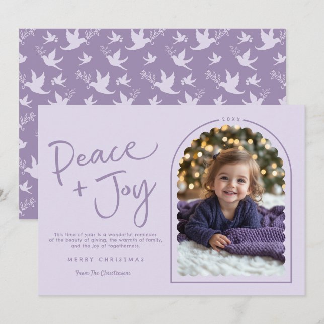 Pastel Lila Modern Peace Joy Foto Weihnachten (Vorne/Hinten)