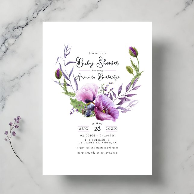 Pastel Lila Poppy Blumenkleider Kinderdusche Einladung (Pastel Purple Poppy Floral Wreath Baby Shower Invitation)