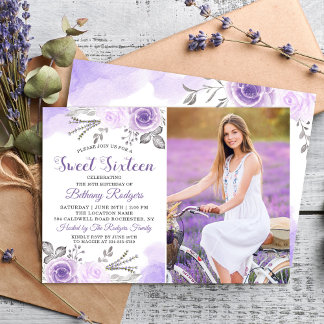 Pastel Lila Rose Garden Sweet 16 Geburtstag Foto Einladung