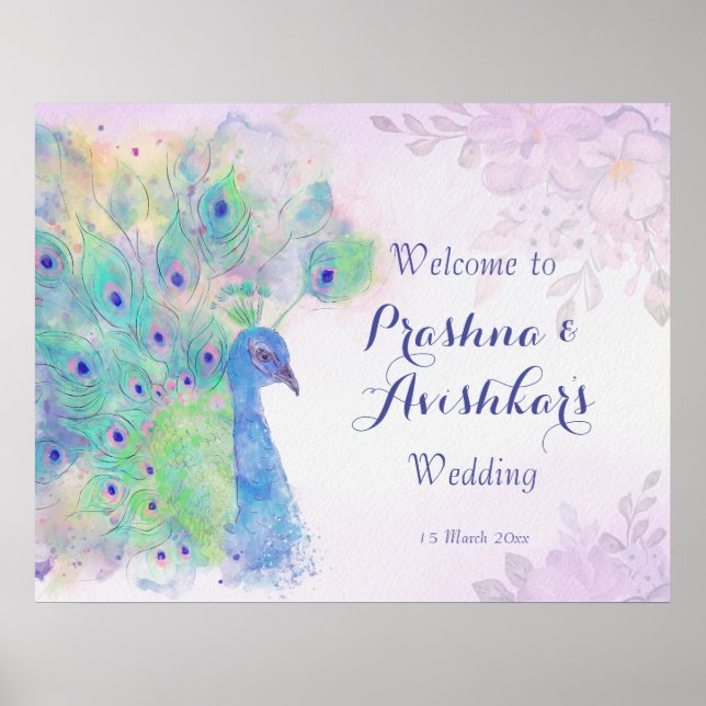 Pastel lilac florale Pfauenhochzeit Poster (Vorne)