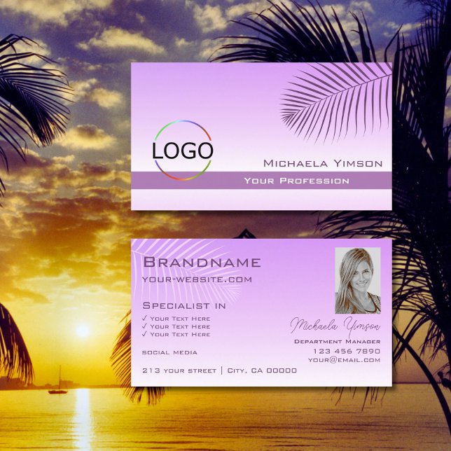 Pastel Lilac Gradient Palm Leaf Logo und Foto Visitenkarte (Von Creator hochgeladen)