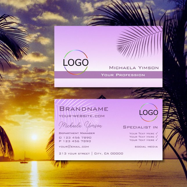 Pastel Lilac Gradient Palm Leaf mit Logo Stilvoll Visitenkarte (Von Creator hochgeladen)