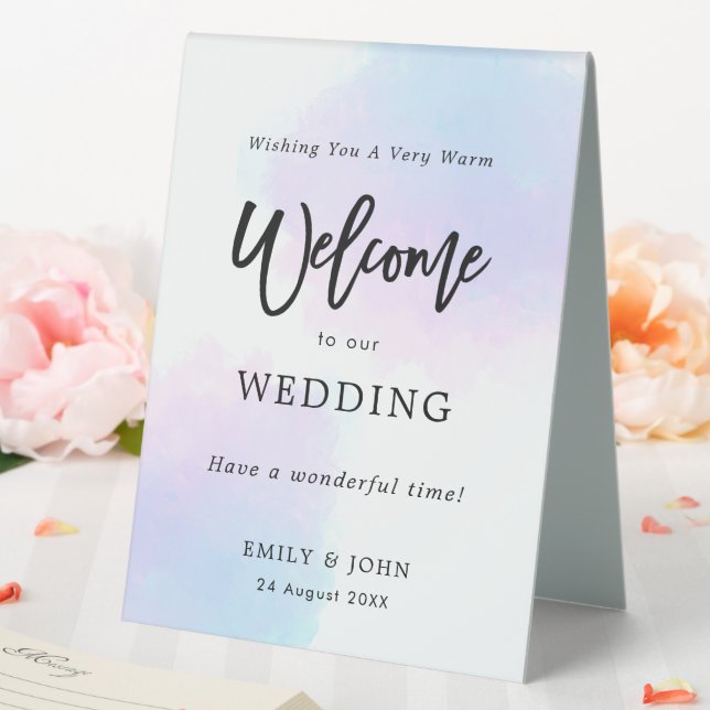 Pastel Lilac Pink Wasserfarben Willkommen bei Hoch Tischaufsteller (In Situ (Hochzeit))