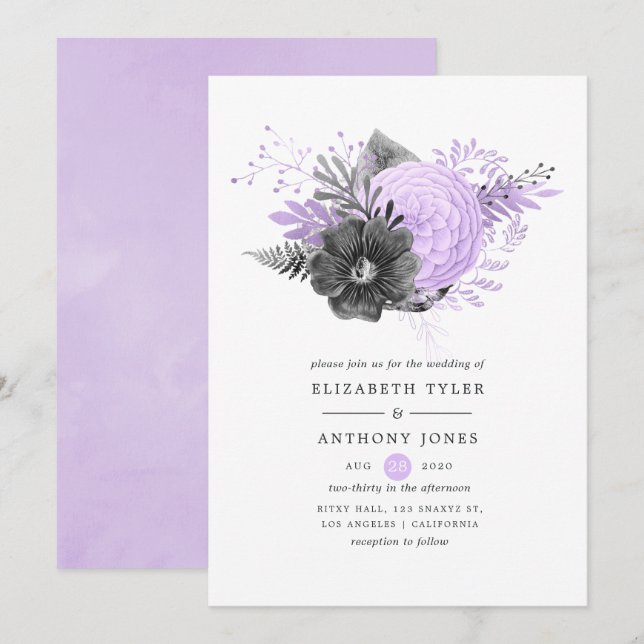 Pastel Lilac und Charcoal Floral Wedding Einladung (Vorne/Hinten)