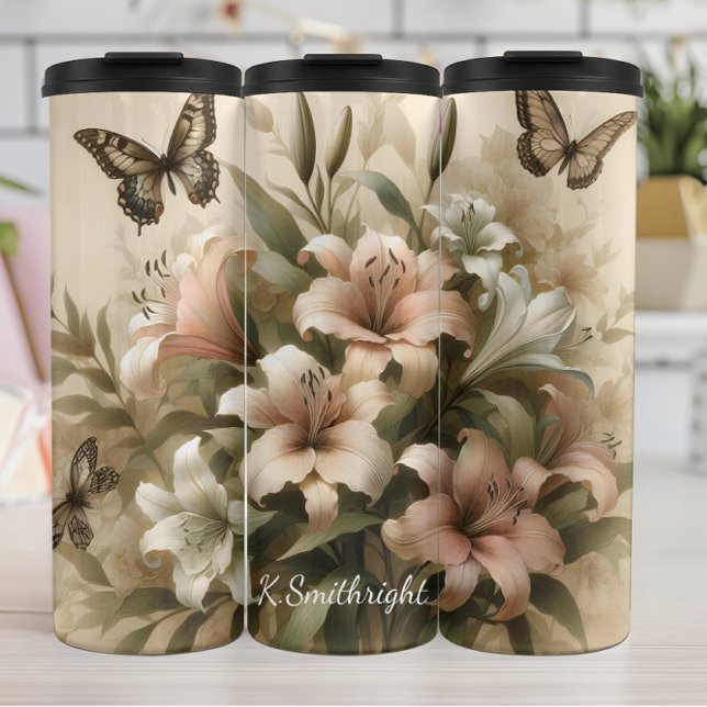 Pastel Lily Bouquet Butterflies Thermosbecher (Von Creator hochgeladen)