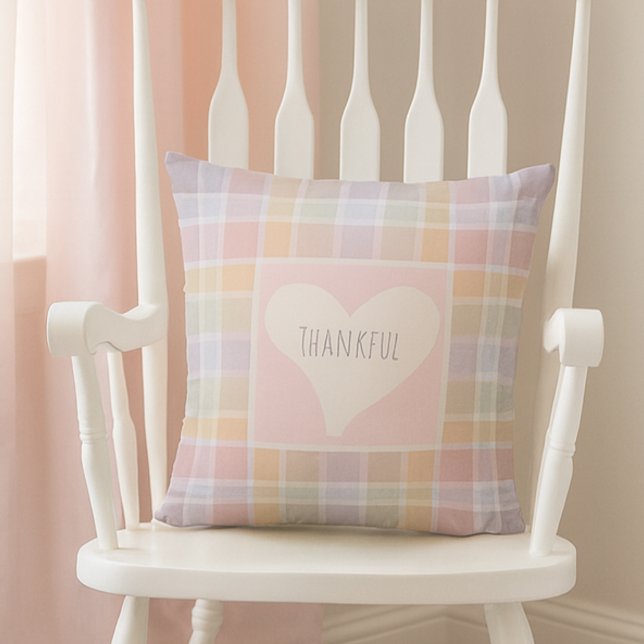 Pastel Madras Custom Throw Pillow for Nursery Kissen (Pastel Madras Plaid Throw Pillow with Editable Text | Soft Nursery & Cottagecore Decor)