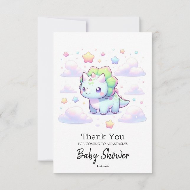 Pastel Magical Dinosaur Babydusche Dankeskarte (Vorderseite)