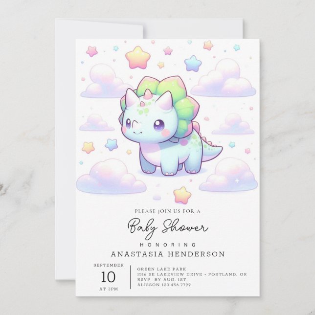 Pastel Magical Dinosaur Babydusche Einladung (Vorderseite)