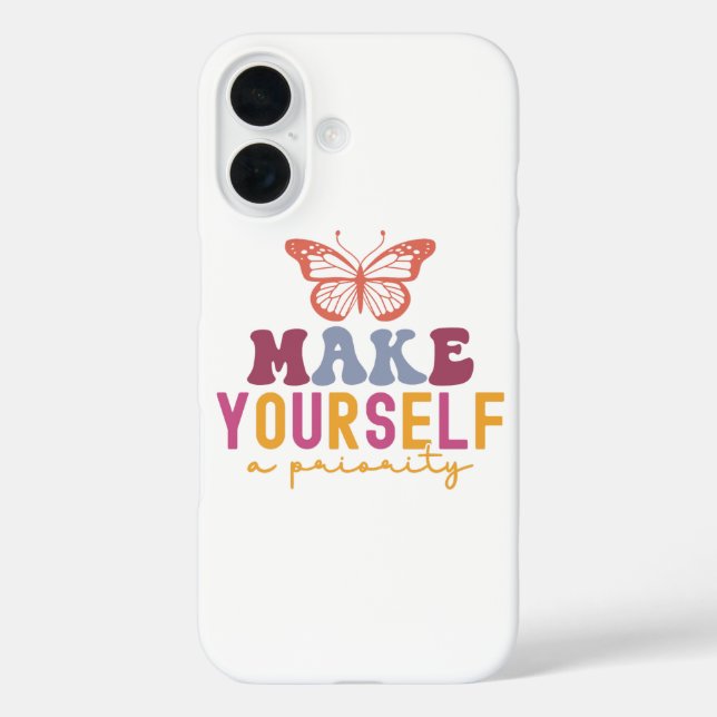 Pastel "Make Yourself a Priority" Self Care Graphi iPhone 16 Hülle (Rückseite)