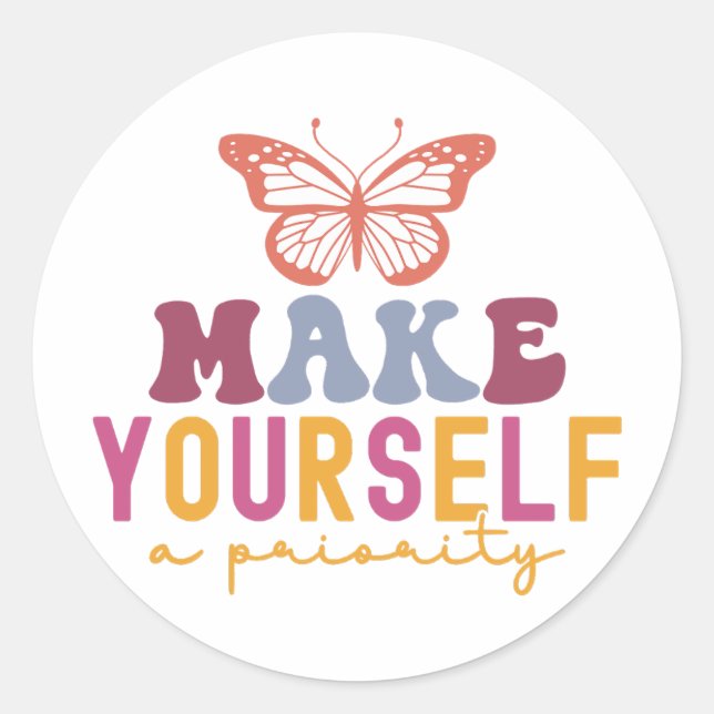 Pastel "Make Yourself a Priority" Self Care Graphi Runder Aufkleber (Vorderseite)