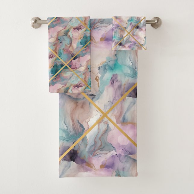 PASTEL MARBLE LILA GRID DESIGN BATH TOWEL SET (Insitu)
