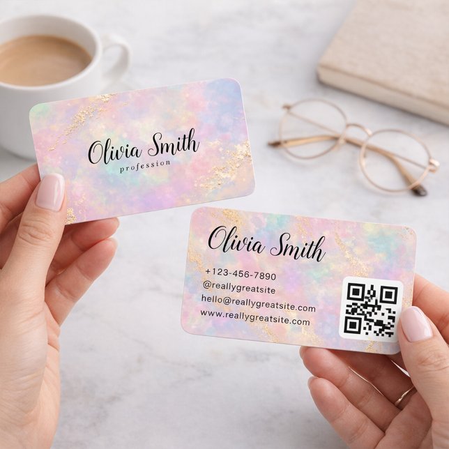 Pastel Marble Script Name and Gold Accents QR Code Visitenkarte (Von Creator hochgeladen)
