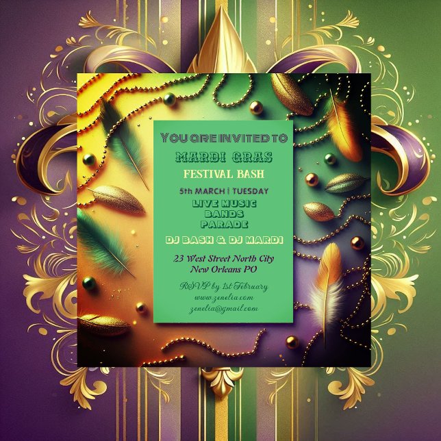 Pastel Mardi Gras Festival Bash Feather Beads Gold Einladung (Pastel Mardi Gras Festival Bash Feather Beads Gold Invitation)
