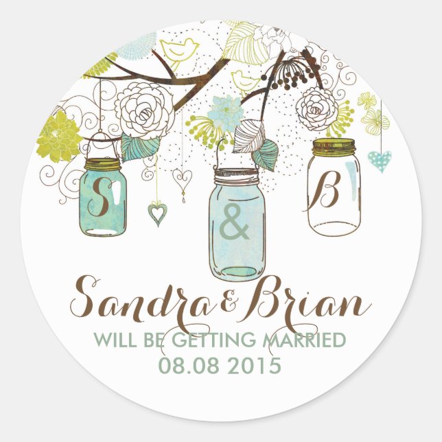 Pastel Mason Jar & Retro Blume Hochzeitsticker Runder Aufkleber (Vorderseite)