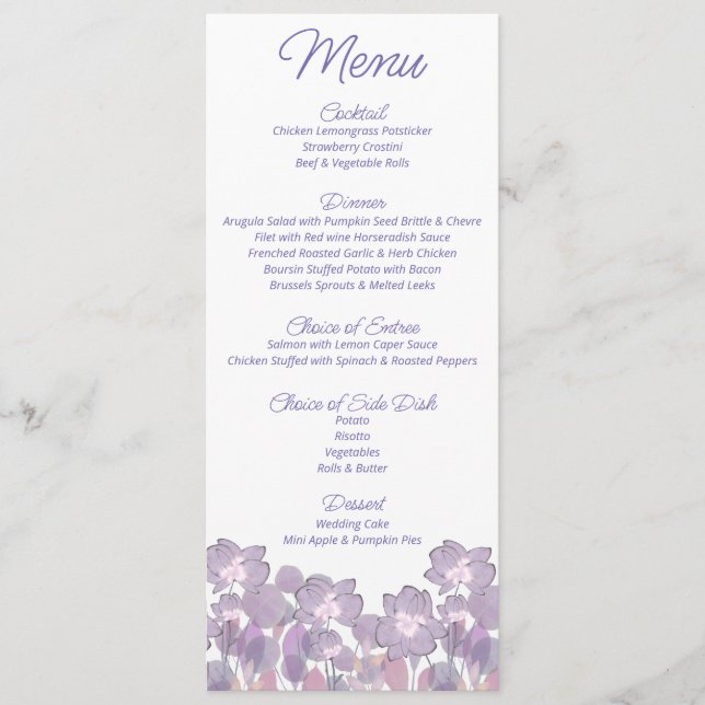 Pastel mauve lila Blütenhochzeit Menükarte (Vorderseite)