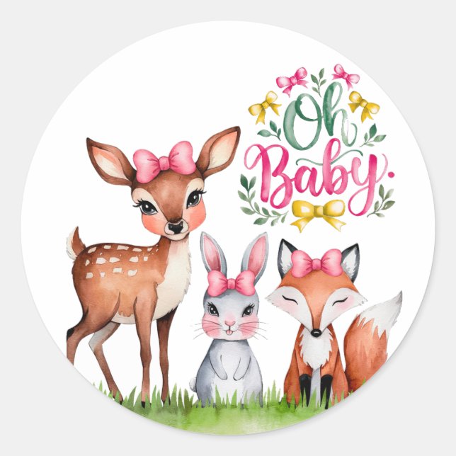 Pastel Meadow Companions Girl Baby Shower Runder Aufkleber (Vorderseite)