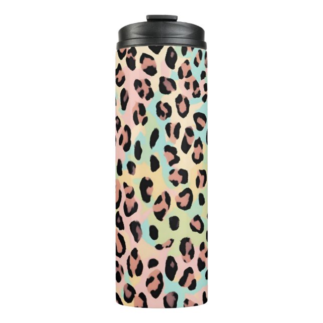 Pastel mehrfarbiger Leopard Print Animal Muster Thermosbecher (Vorderseite)