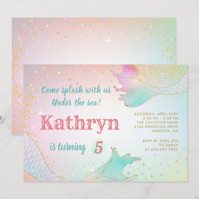 Pastel Mermaid Invitation Anniversaire Sous La Mer (Devant / Derrière)