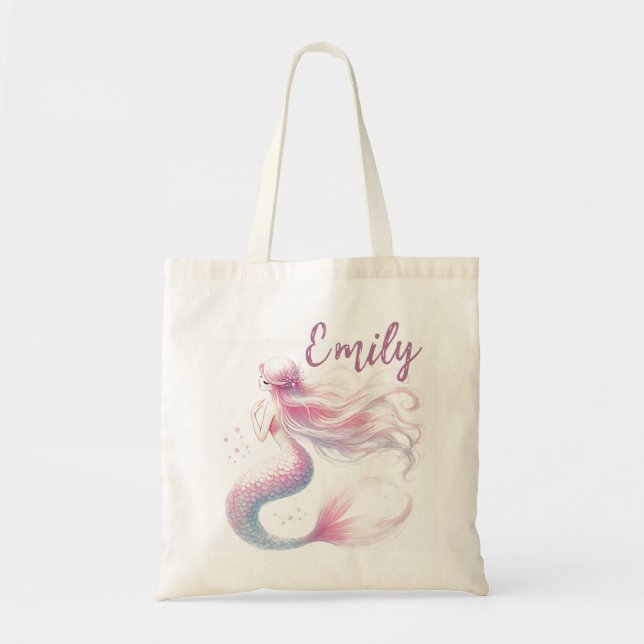 Pastel Mermaid Tote Beutel mit Namen Tragetasche (Vorne)