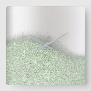Pastel Mint Glitter Silver Gray Minimal Metallic Quadratische Wanduhr
