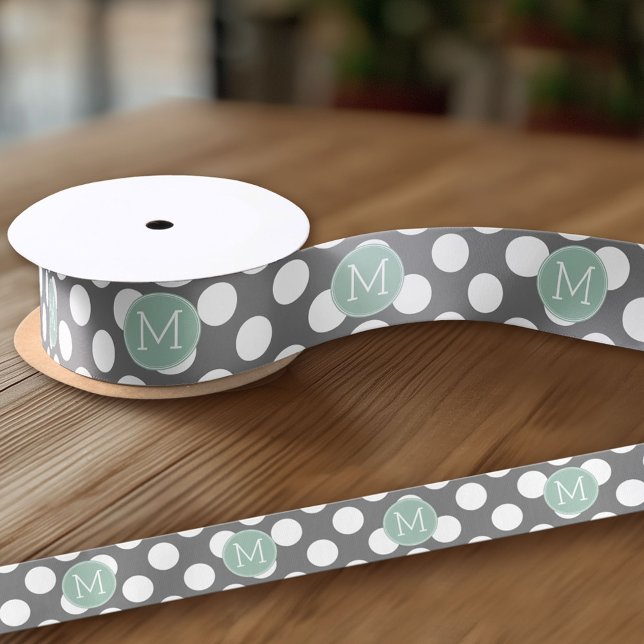 Pastel Mint & Gray Polka Dots mit benutzerdefinier Satinband (Custom Ribbon - add your personalized text)