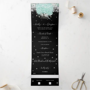 Pastel Mint Green auf Black Heart Leaf Hochzeit Dreifach Gefaltete Einladung