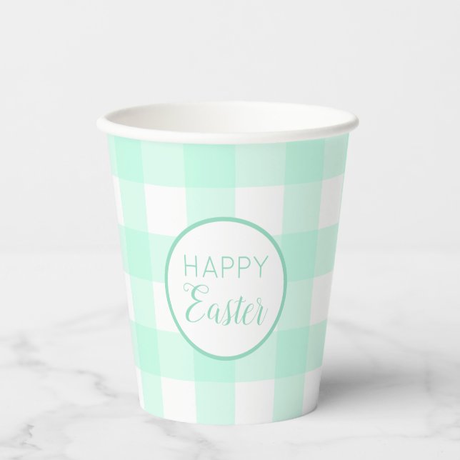 Pastel Mint Green Happy Oaster Kariertes Muster Pappbecher (Vorderseite)