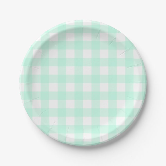 Pastel Mint Green Oaster Kariertes Muster Pappteller (Vorderseite)