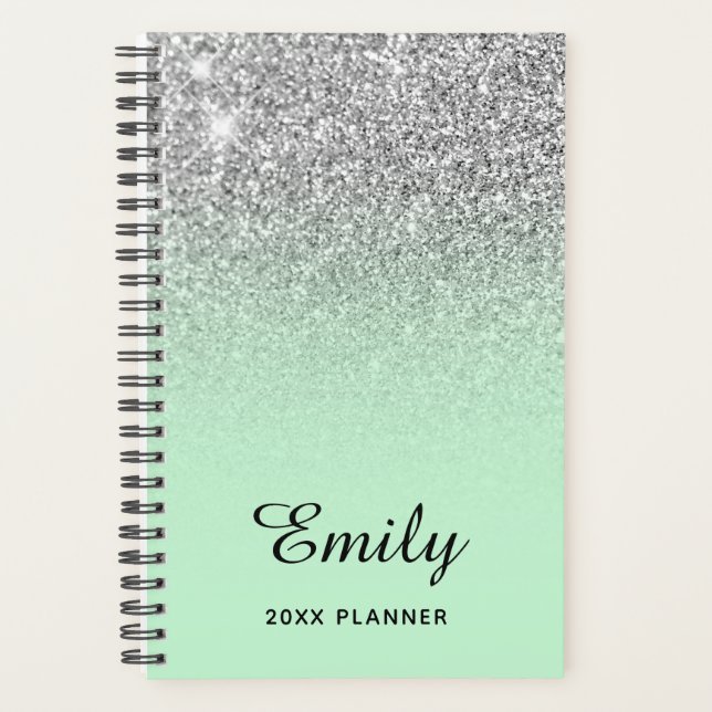 Pastel Mint Silver Glitzer Ombre Personalisiert Planer (Vorderseite)