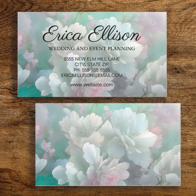 Pastel Mint Weißrosa Feminine Visitenkarte (Mint, pink, white watercolor floral business card for her)