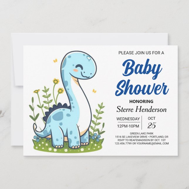 Pastel Modern Online Dinosaur Boy Baby Dusche Einladung (Vorderseite)