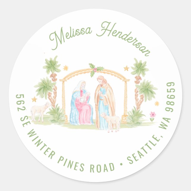 Pastel Nativity Christmas | Address Runder Aufkleber (Vorderseite)