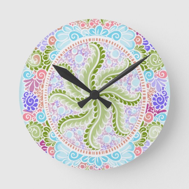Pastel Nature Mandala Art Runde Wanduhr (Vorderseite)