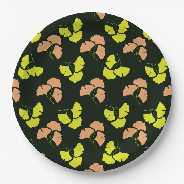 Pastel-Neon Ginko Leaves on Black Background Pappteller (Vorderseite)