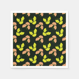 Pastel-Neon Ginko Leaves on Black Background Serviette