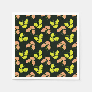 Pastel-Neon Ginko Leaves on Black Background Serviette