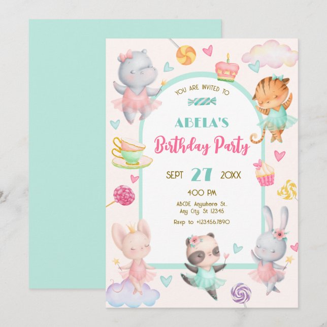 Pastel niedlich Ballerina Geburtstag Einladung (Vorne/Hinten)