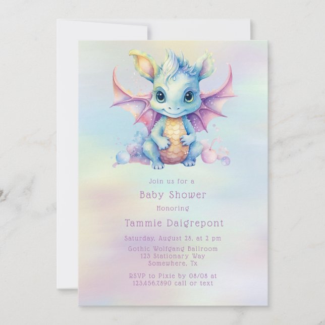 Pastel Niedlich Dragon Girl Babydusche Einladung (Vorderseite)