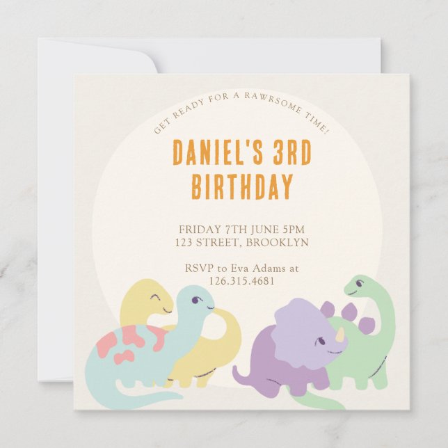 Pastel Niedlich Illustrierter Dinosaur-Kindergebur Einladung (Vorderseite)