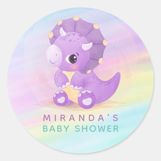 Pastel Niedlich Lila Dinosaur Babydusche Runder Aufkleber (Vorderseite)