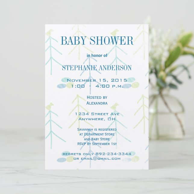 Pastel Niedlich Pines Bird Baby Shower Einladungen (Stehend Vorderseite)