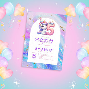 Pastel Niedlich Unicorn Girl 5. Geburtstag Einladung